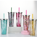 Glitter color acrylic cup Travel Coffee tumbler with lid and straw Double wall reusable Acrylic Plastic Shimmer Drink Tumbler